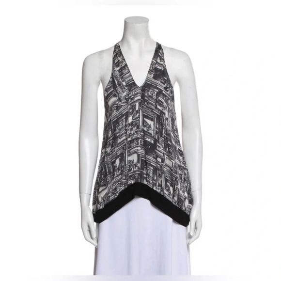 3.1 PHILLIP LIM Silk Printed Tank Top V-neck Black White Size S - Picture 1 of 10
